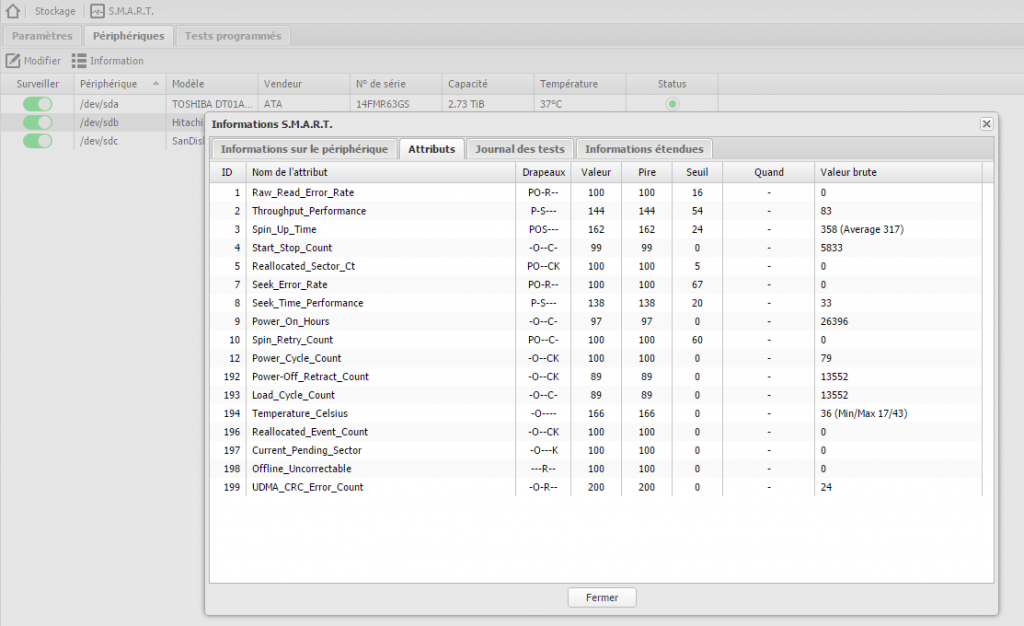 L'écran d'affichage des informations SMART d'un disque. Chaque ligne correspond à un indicateur que le disque auto-mesure en permanence. OpenMediaVault surveille ces indicateurs pour vous prévenir avant qu'il ne soit trop tard.