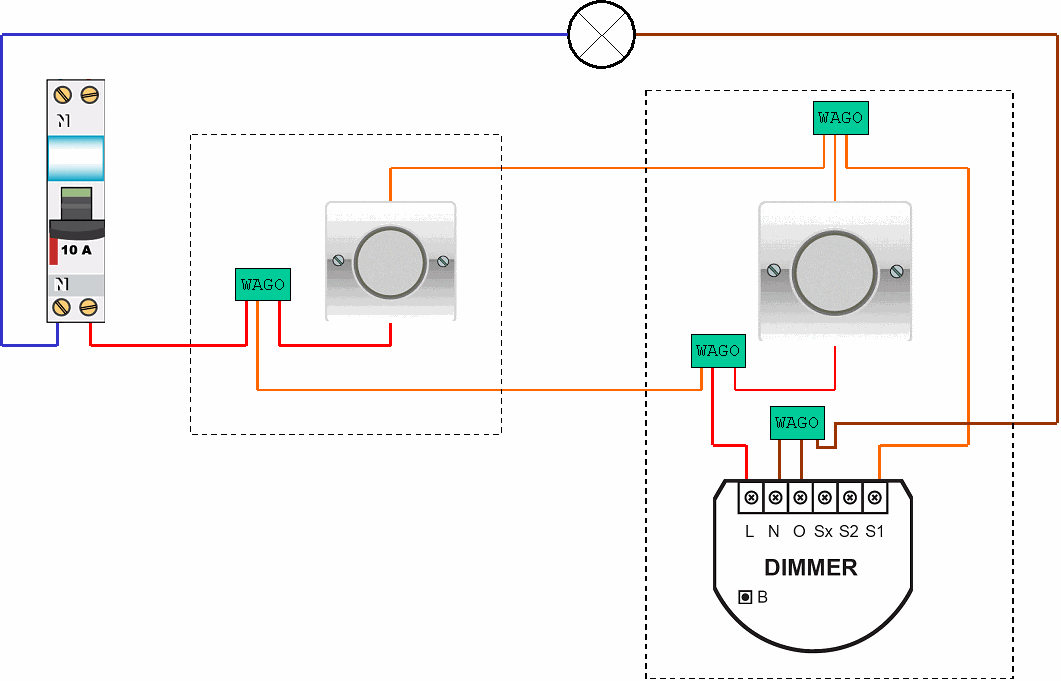 Schéma de principe : ici le module est connecté en permanence à la phase et au retour lampe. Il sert d'intermédiaire entre les boutons poussoirs et la lampe